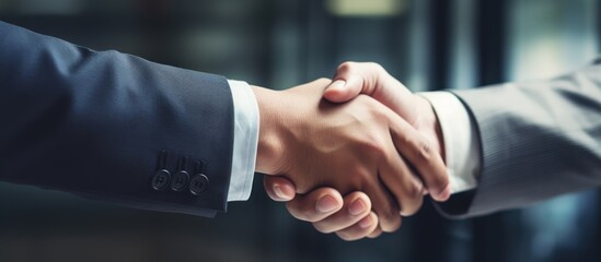 Office close-up of businessmen shaking hands.