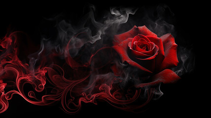 Red rose wrapped in smoke swirl on black background