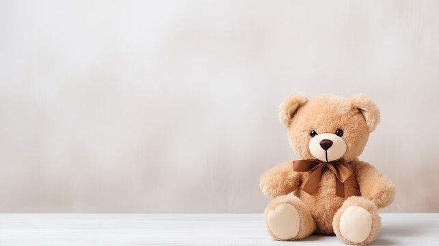 Cute teddy bear toy on light background with copy space for text.