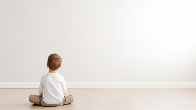 Horizontal back view image of a child sitting on a floor and looking at the white empty wall.