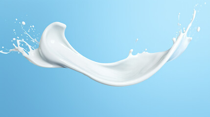 white milk pr yogurt splash in wave shape isolated on blue background - obrazy, fototapety, plakaty