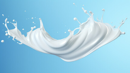 white milk pr yogurt splash in wave shape isolated on blue background - obrazy, fototapety, plakaty