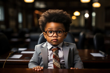 African American child sitting at his desk. Little boss working in his office. Learning from young age, intellectual growth. Serious bossy kid dressed as a business man sitting in office chair