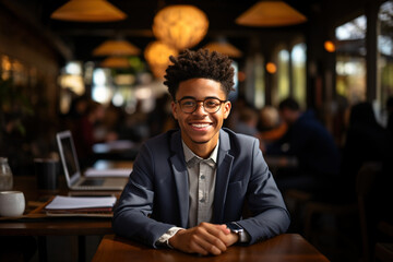 African-American kid dressed as a business man sitting in office chair. Teenager smiling sitting in the office. Working student. Learning from young age, intellectual growth - obrazy, fototapety, plakaty