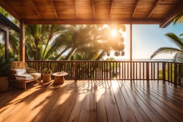 summer delight wooden balcony patio deck with sunlight and coconut tree panorama view house interior mock up design background house balcony daylight