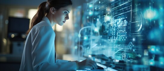 Female scientist in a chemistry lab using professional equipment to study bacteria or DNA for a medical project.