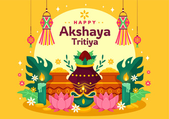Akshaya Tritiya Festival Vector Illustration with a Golden Kalash, Candle, Pot and Gold Coins for Dhanteras Celebration in Traditional Hindu Holiday