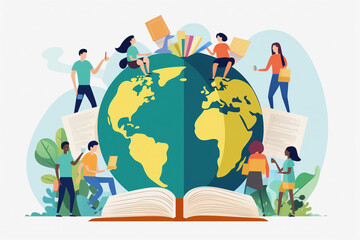 Literacy Day with People celebrate Literacy Day by reading books on the Earth. flat vector illustration. illustration vector isolated on white background. Generative by AI..