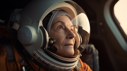 Grandmother with vintage space suit. Fiction concept about space exploration and science