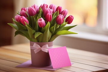 Spring theme. A bouquet of tulips in a vase and an empty sheet for congratulations standing on a sunny windowsill.