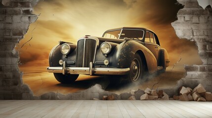 3d wallpaper design with a classic car jumping out of broken graffinti wall