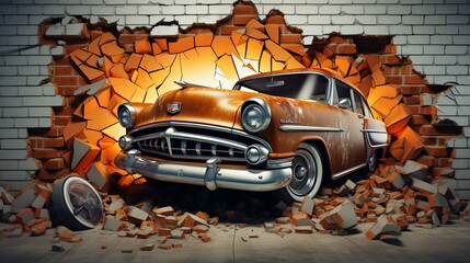 3d wallpaper design with a classic car jumping out of broken graffinti wall - obrazy, fototapety, plakaty