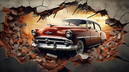 3d wallpaper design with a classic car jumping out of broken graffinti wall