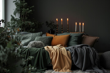 Winter's Embrace: A Symphony of Gunmetal Gray and Dark Forest Green, Illuminated by the Cozy Glow of Molten Amber and Chamois, Creating a Tranquil Haven Where Elegance and Comfort Converge in the Gent