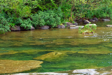 Pot holes under the emerald waters of the mountain river.