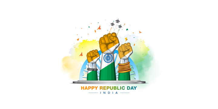 Creative concept of Indian Republic day 26 January patriotic and freedom story. Tricolor background with family rising hand.