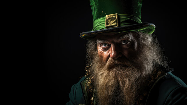 St. Patrick Day. Cheerful character Irish leprechaun on black background