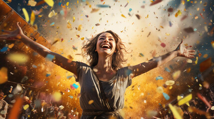 Happy woman with arms outstretched in confetti hyper realistic 