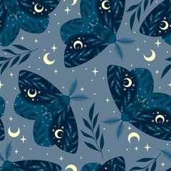 Magic blue seamless pattern with moths. Boho magic background with space elements stars. Vector doodle texture.