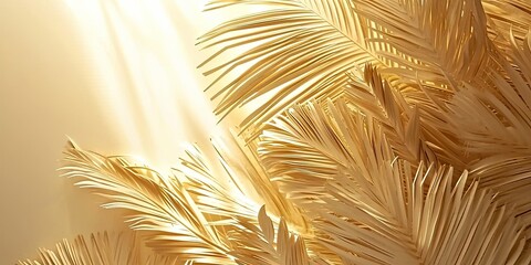 Naklejka premium Tropical paradise dreams. Captivating macro shot of palm leaves bright summer sky perfect for conveying exotic beauty and freshness of nature in decorative sunlit pattern