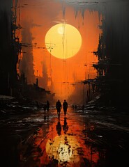 Painting that shows men walking in the city at sunset,