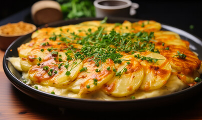 Golden Baked Scalloped Potatoes Topped with Melted Cheese and Fresh Herbs on a Plate