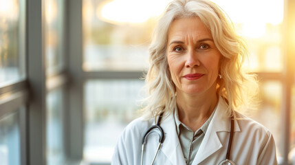 Portrait of beautiful mature woman doctor looking at camera in background at hospital with sun light through window and copy space