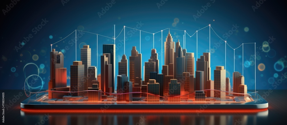 Poster 3d rendering of a business concept with a mobile city on a chart background.