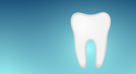 Healthy human molar. Flat design. Icon, white tooth, on a blue gradient background. The concept of hygiene, prosthetics and teeth whitening. Copy space