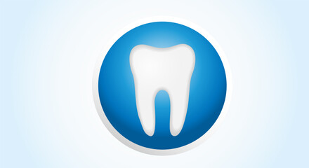 Healthy human molar. Flat design. Badge, White tooth, on a blue round background. Teeth hygiene, prosthetics and whitening concept. Copy space