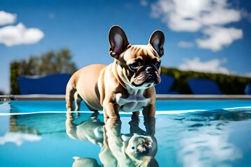 Little french bulldog on the edge of the pool with blue sky in the background