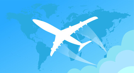 White passenger plane flies against the background of the world map, blue background. Air travel concept. Copy space.