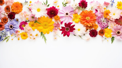 Flowers frame on white background top view. Flat layer, top view. Spring concept