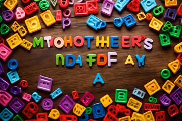 text "mothers day" of plastic colored magnetic letters on wooden background