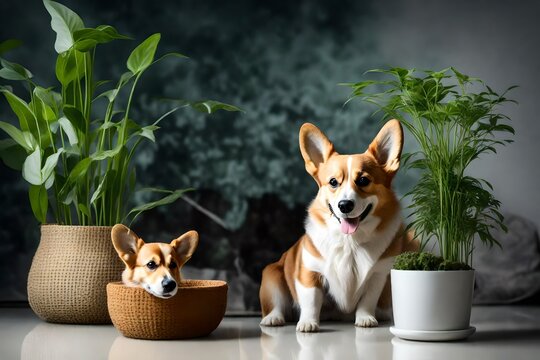 Welsh corgi pembroke dog and chamedora elegans home plant in a pot