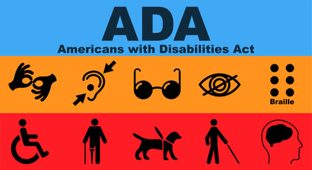 ADA, Americans with Disabilities Act. Concept with keywords, letters and icons. Colored flat vector illustration