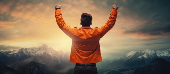 Energetic man in orange, celebrating success with mountain view. - obrazy, fototapety, plakaty
