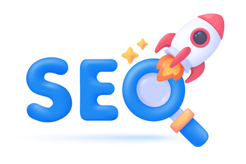 3D rocket rising above SEO text. Magnifying glass. Web browsing concept for business development.