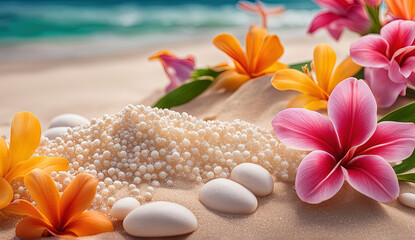 Obraz na płótnie Canvas Beautiful sandy beach with tropical flowers