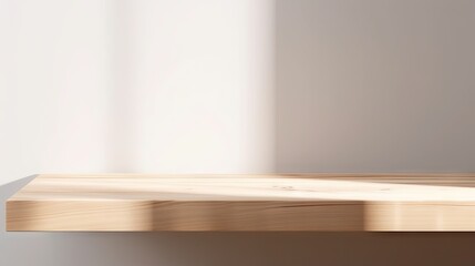 A wood table with a shadow projected on the wall. Suitable for interior design concepts, home decor, and product presentations emphasizing texture Empty minimal natural wooden table counter podium,