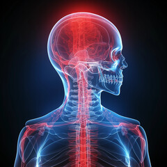Radiology Head skull and brain x-ray for human examination. Illustration of X-ray Human nervous systems. with central and peripheral highlighted in red 