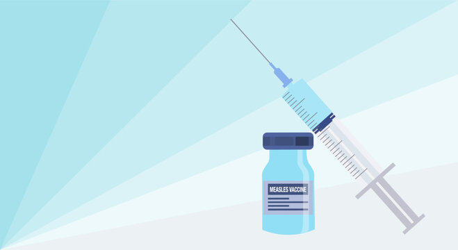 Ampoule with measles vaccine syringe with a dose of vaccine on a light background. Measles vaccination concept for children.