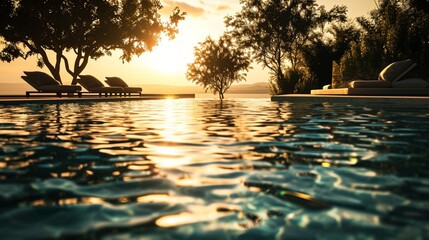 Fototapeta na wymiar Indulge in the tranquility of a pool at dawn, where the morning sunlight caresses the crystal-clear water, 