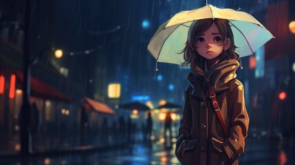 A melancholic drawing of a girl holding an umbrella on a rainy night city street, capturing the somber beauty of the scene.