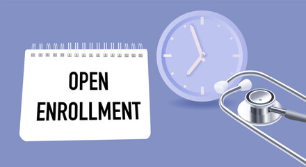 Open enrollment The text is written in a notebook, next to a stethoscope and a watch. Flat vector illustration. medical background