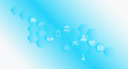 Fototapeta premium Digital medical science concept. Blue hexagon pattern with health care icons. Design for your ad, presentation, banner, template. medical background