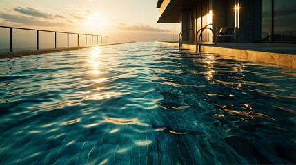 Indulge in the tranquility of a pool at dawn, where the morning sunlight caresses the crystal-clear water, 