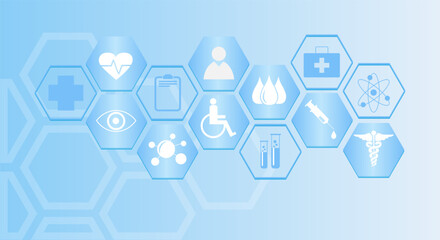 Digital medical science concept. Blue hexagon pattern with health care icons. Design for your ad, presentation, banner, template.