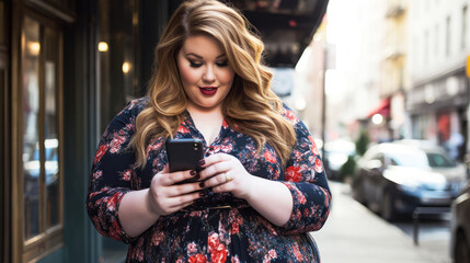 Attractive plus size woman uses walking around the city. Lifestyle.