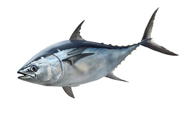 Atlantic yellowfin tuna mid-jump, showing off its streamlined shape and energetic posture against a neutral background